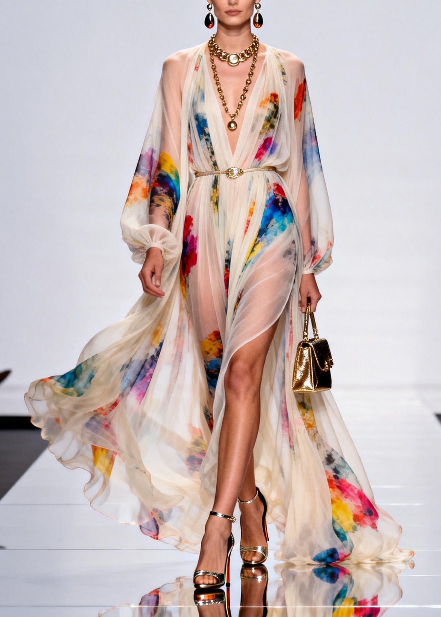Bohemian V Neck Side Open Print Cotton Robe Dresses Spring