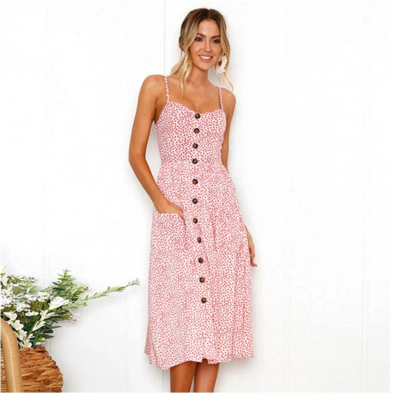 Bohemian Floral Suspender Small Vneck Tie Midi Dresses