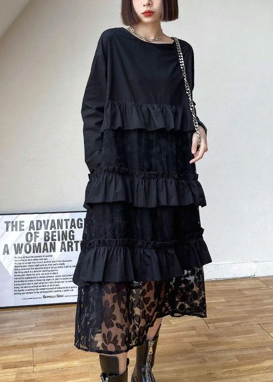 Bohemian Sunflower Pattern Ruffles Pockets Fall Lace Dresses