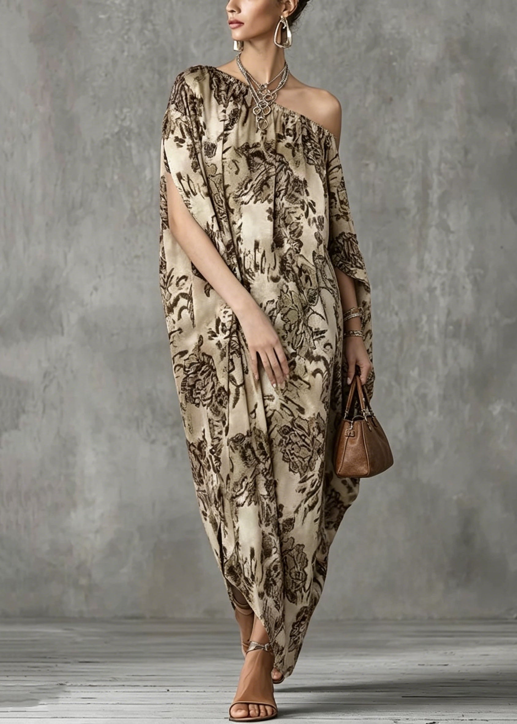 Boho Asymmetrical Design Print Cotton Dress Batwing Sleeve