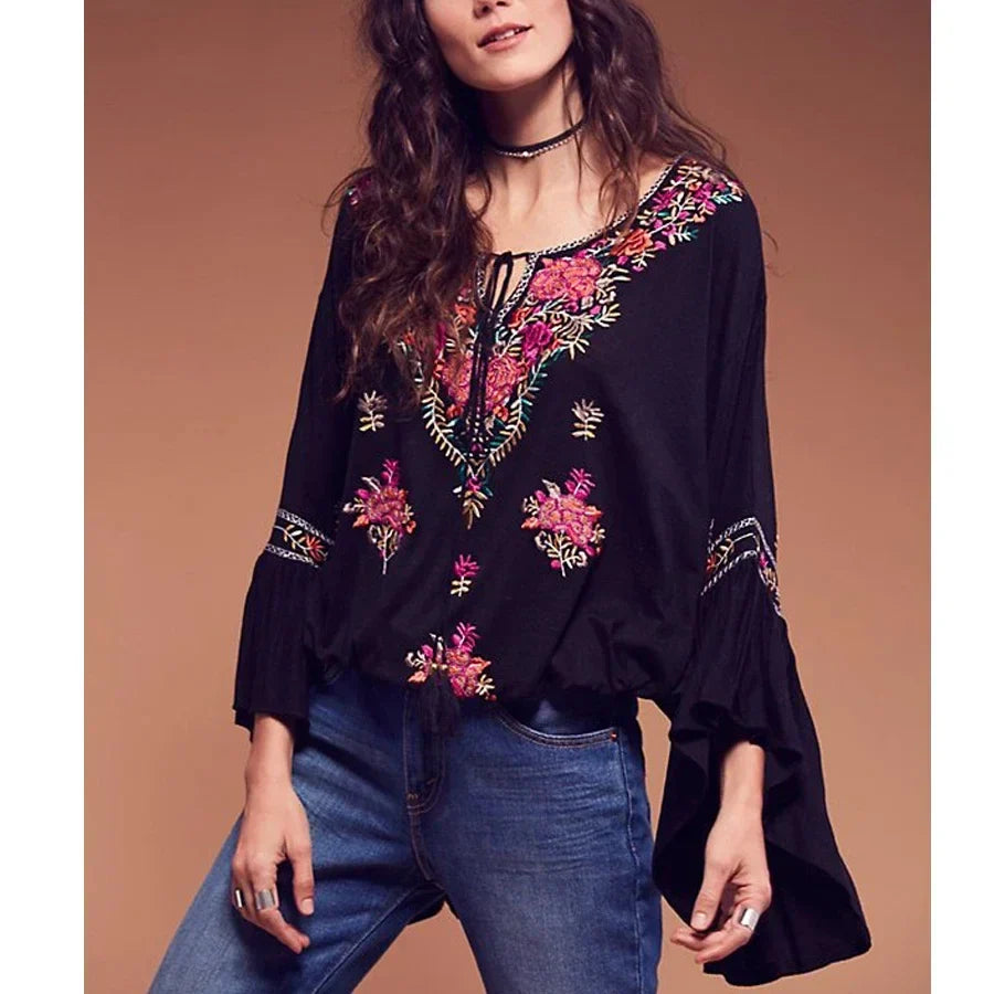 Floral Embroidered Flare Sleeve V-Neck Casual Boho Blouse