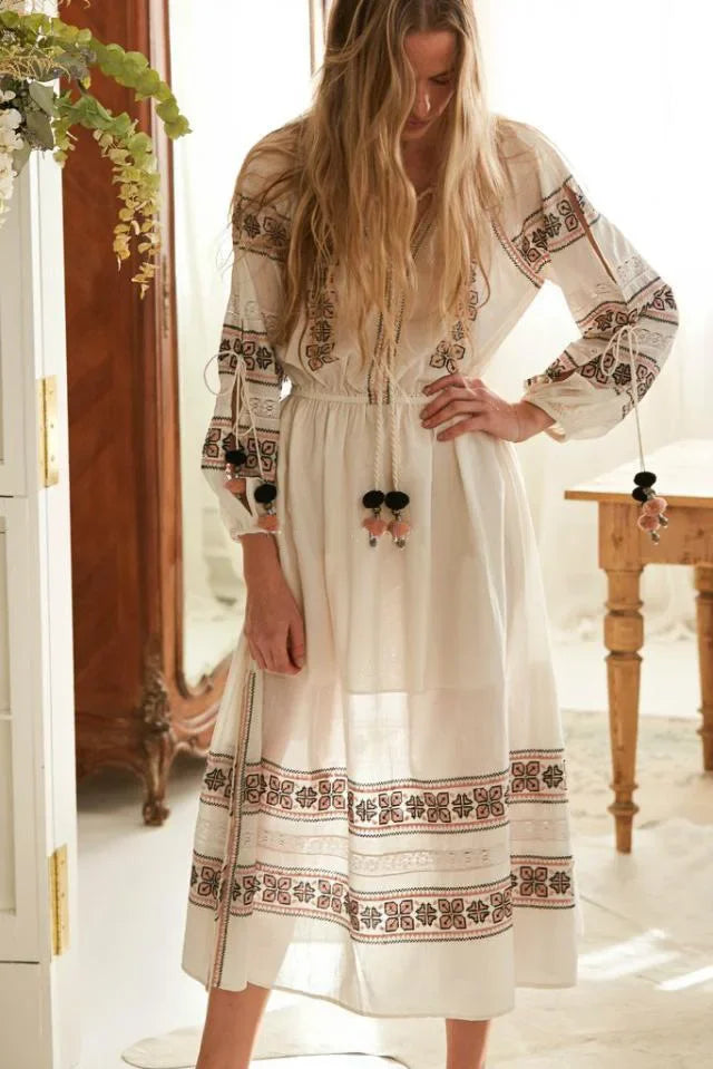 Boho Blue/White Cotton Rayon Maxi Dress WHITE / S bohodress-250126