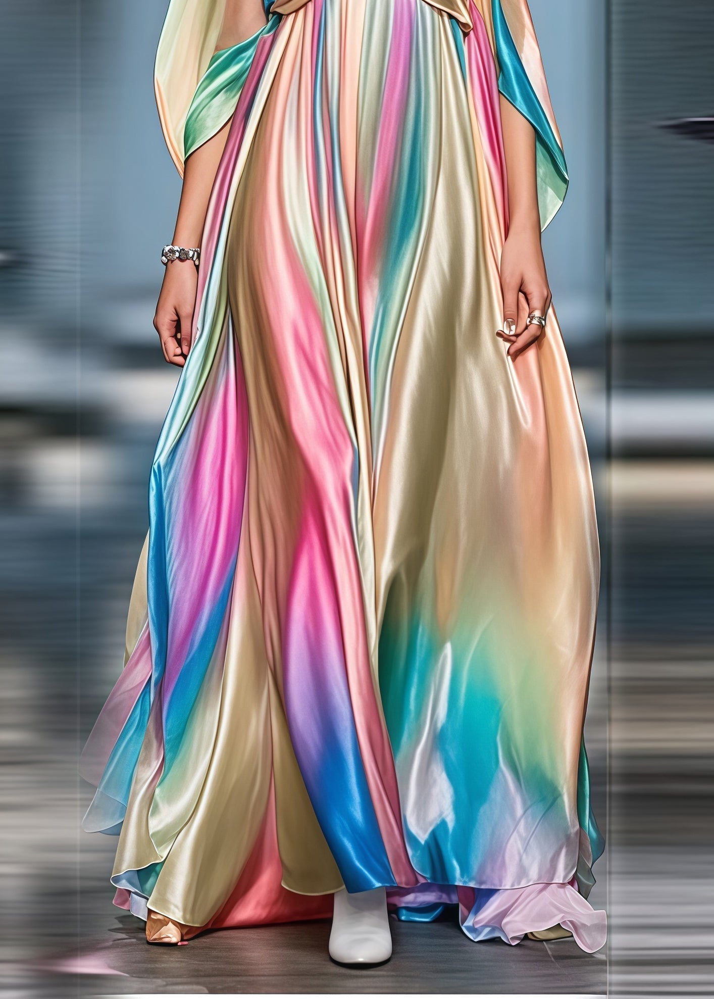 Boho Gradient Color Cold Shoulder Exra Large Hem Silk Party Dress Summer