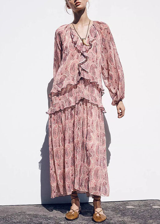 Boho Pink V Neck Print Ruffled Chiffon Dresses Fall