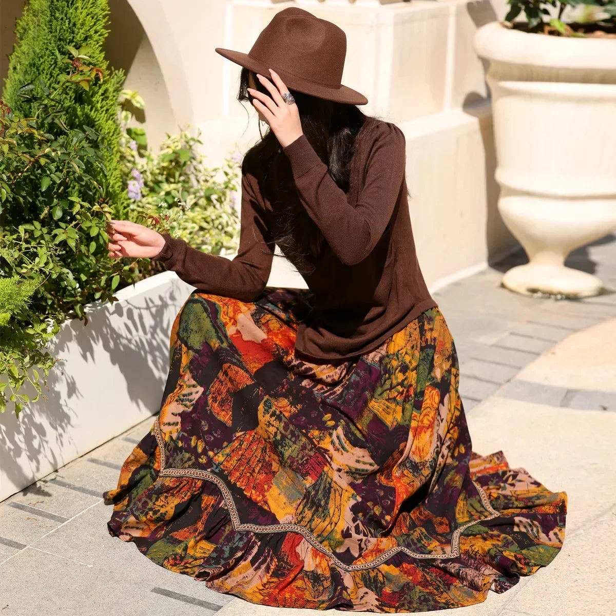 Boho Style Maxi Skirts Painting Printing Design Romantic Vintage A-line