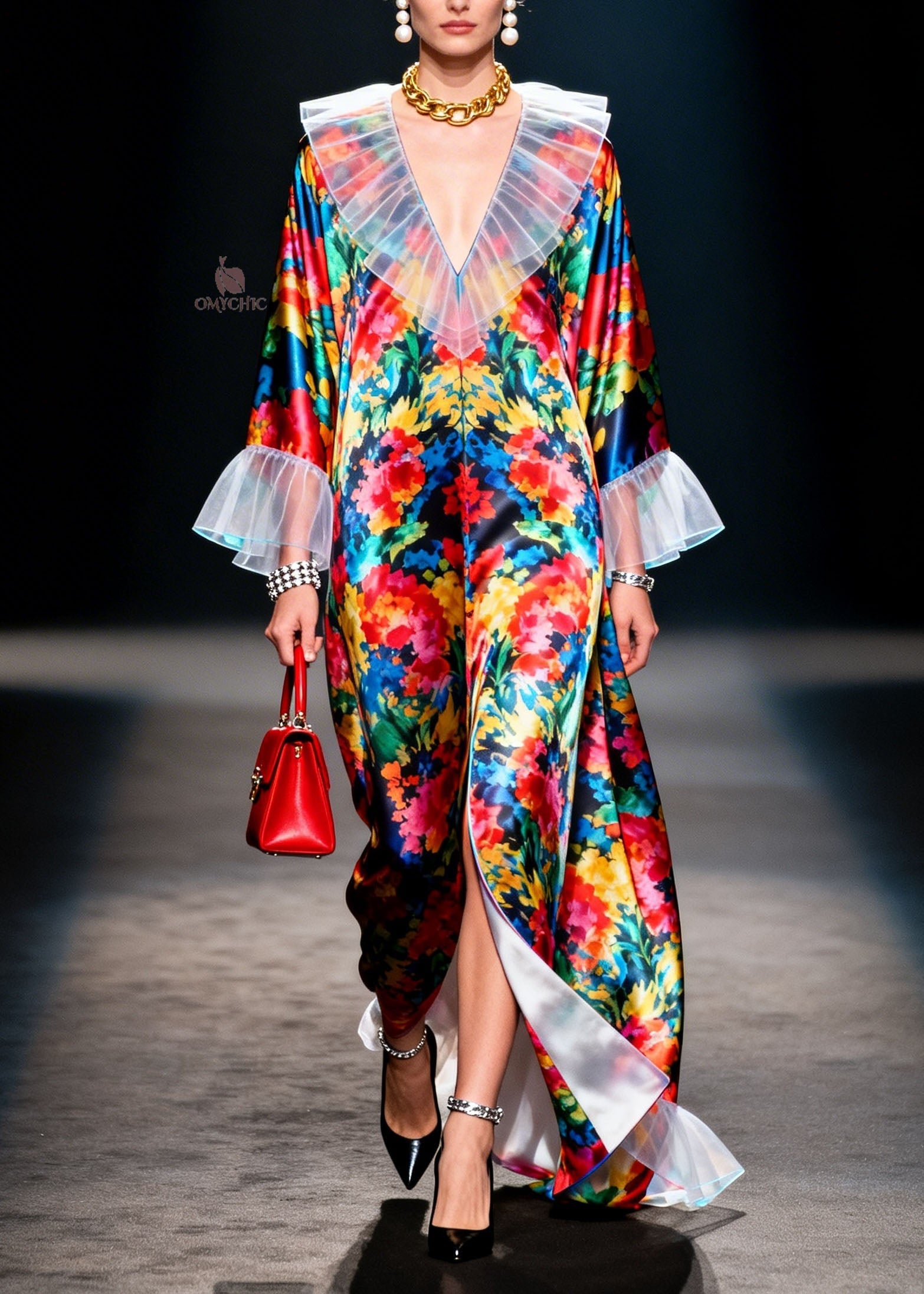 Boho V Neck Ruffled Print Patchwork Chiffon Robe Dresses Spring