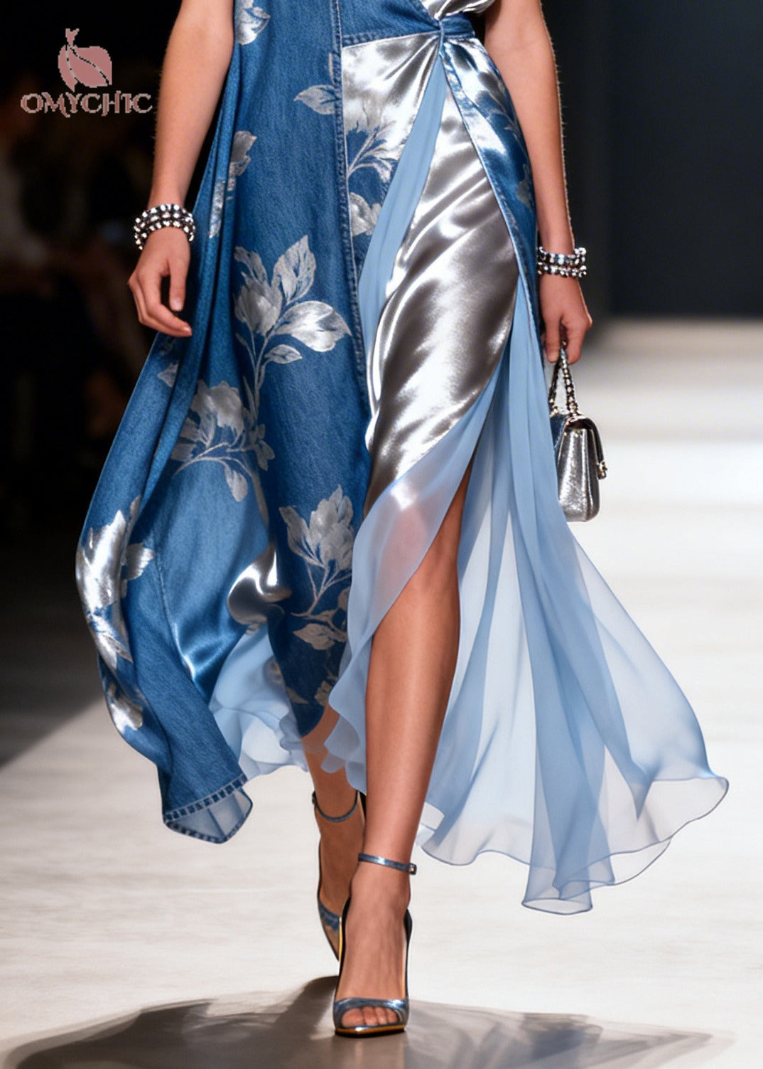 Boutique Blue Asymmetrical Patchwork Print Denim Cami Dress Summer