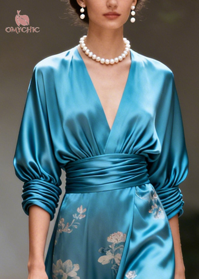 Boutique Blue V Neck Print Silk Holiday Dresses Summer