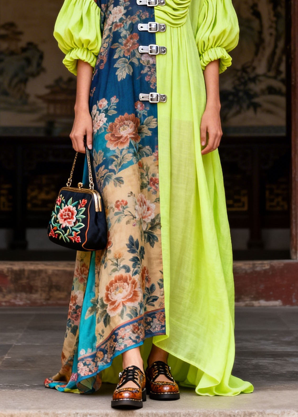Boutique Colorblock V Neck Wrinkled Patchwork Cotton Robe Dresses Summer