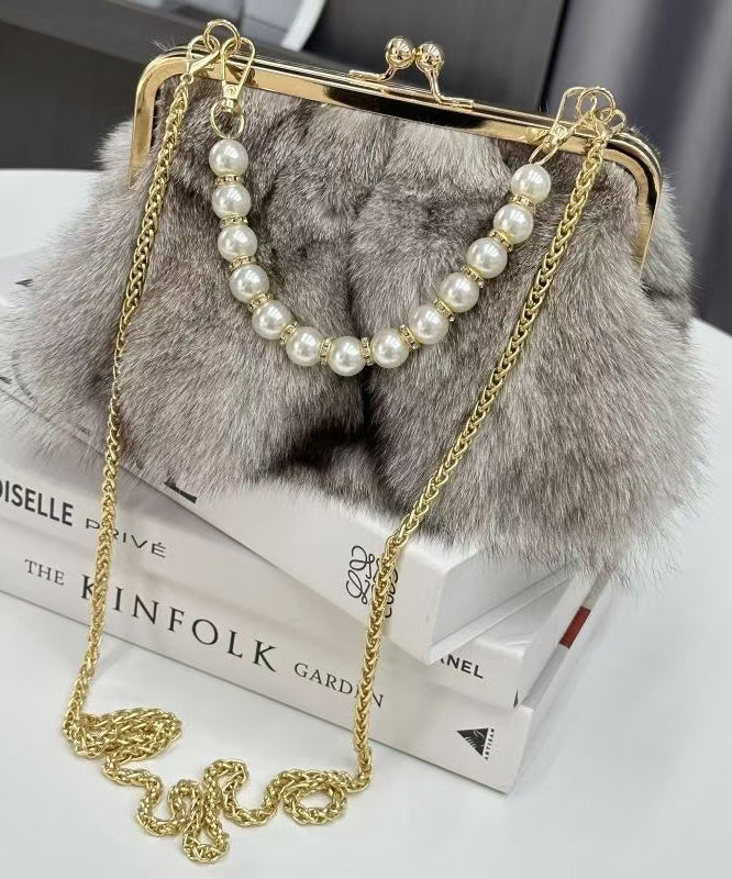 Faux Fur Pearl Handle Chain Kiss Lock Clutch Bag