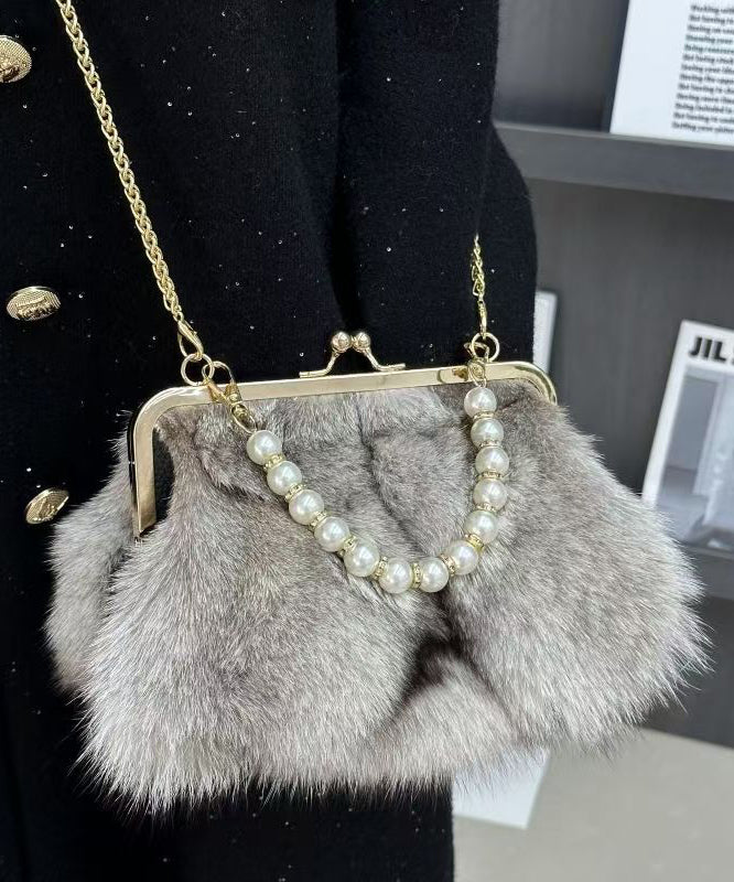 Faux Fur Pearl Handle Chain Kiss Lock Clutch Bag