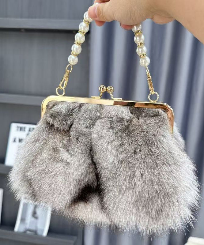 Faux Fur Pearl Handle Chain Kiss Lock Clutch Bag