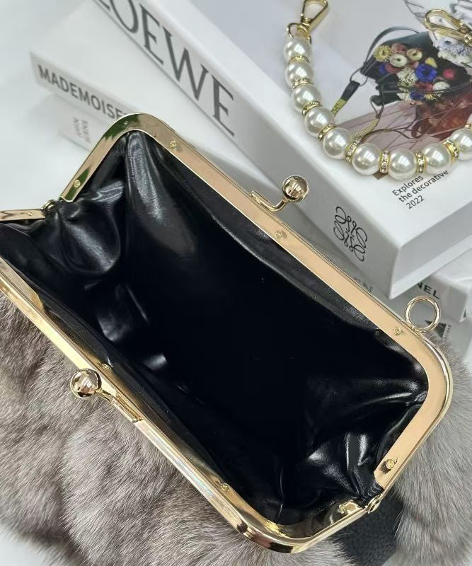 Faux Fur Pearl Handle Chain Kiss Lock Clutch Bag