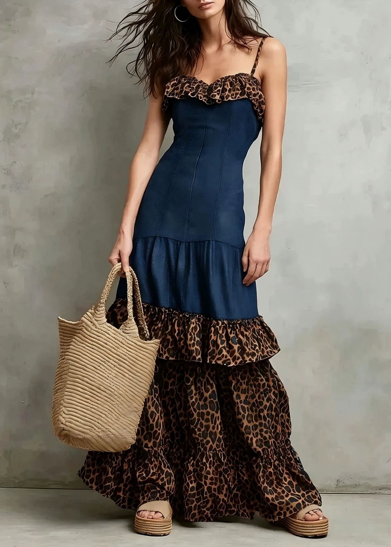 Boutique Grey Ruffled Patchwork Cotton Spaghetti Strap Dress Summer