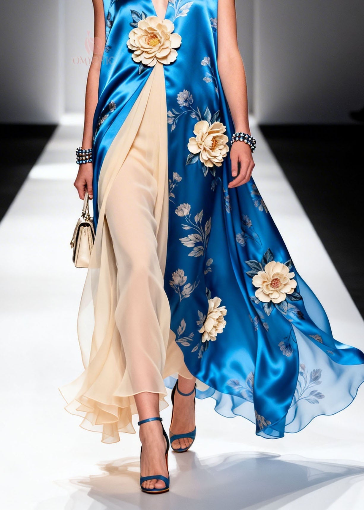 Boutique V Neck Floral Patchwork Chiffon Long Dress Summer