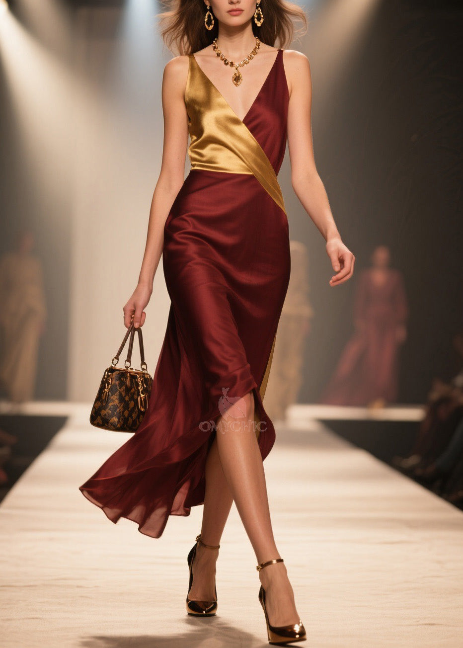 Boutique V Neck Patchwork Silk Spaghetti Strap Dress Summer