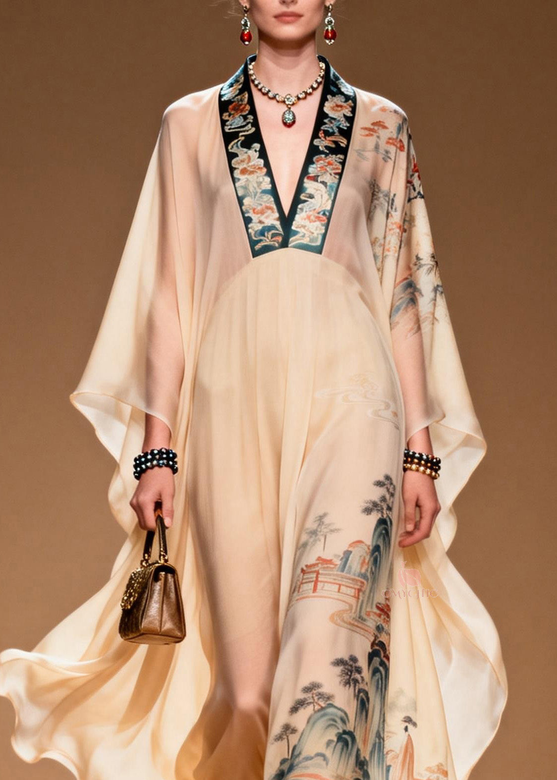 Boutique V Neck Print Patchwork Chiffon Long Dress Spring
