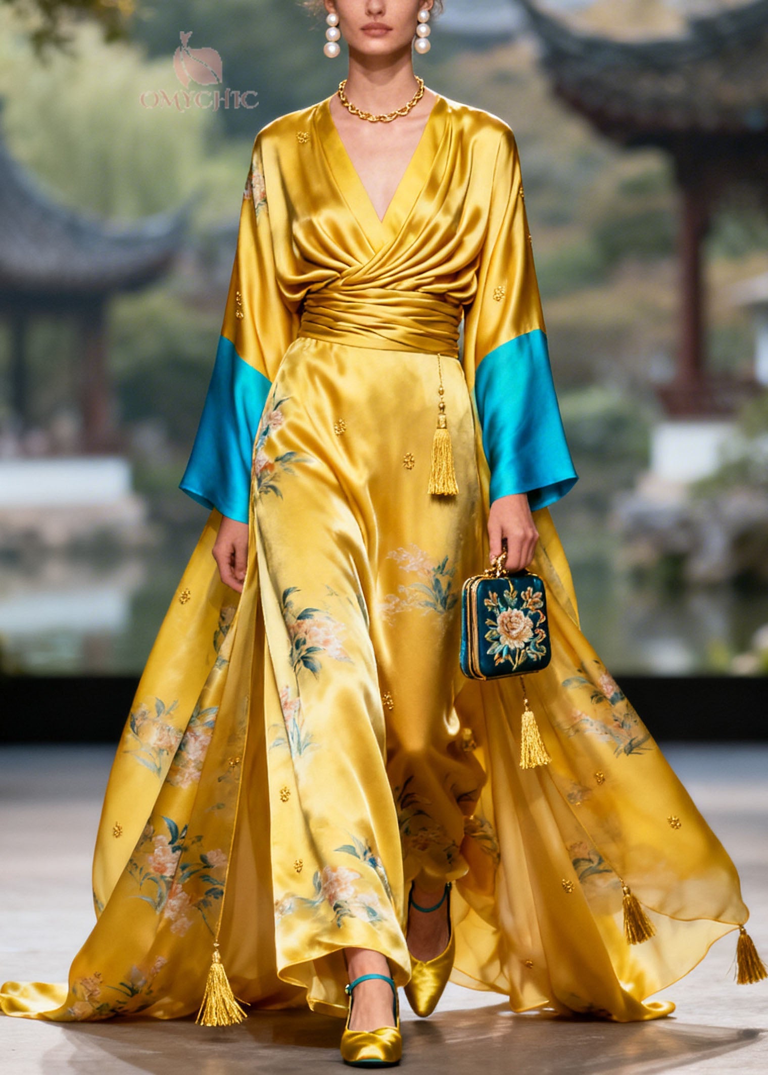 Boutique Yellow V Neck Tassel Jacquard Patchwork Silk Dress