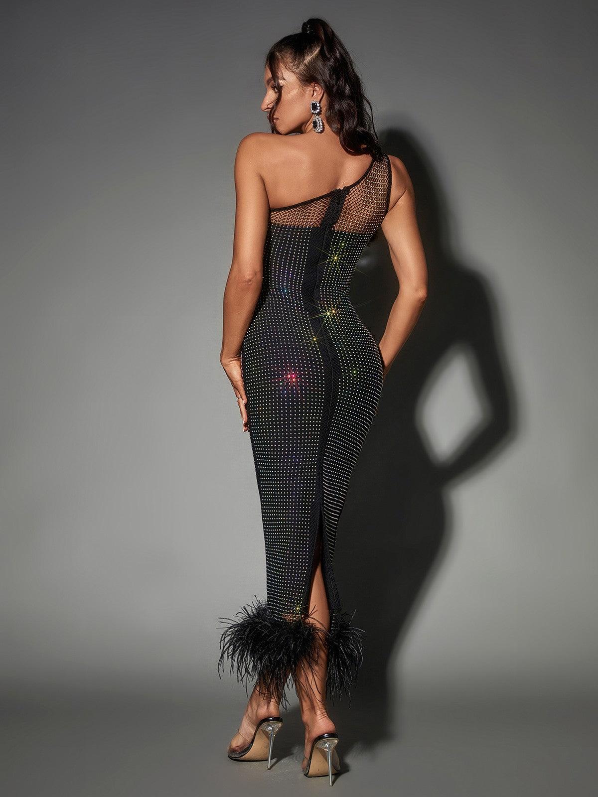 One-Shoulder Rhinestone Mesh Feather Trim Bodycon Maxi Dress 5