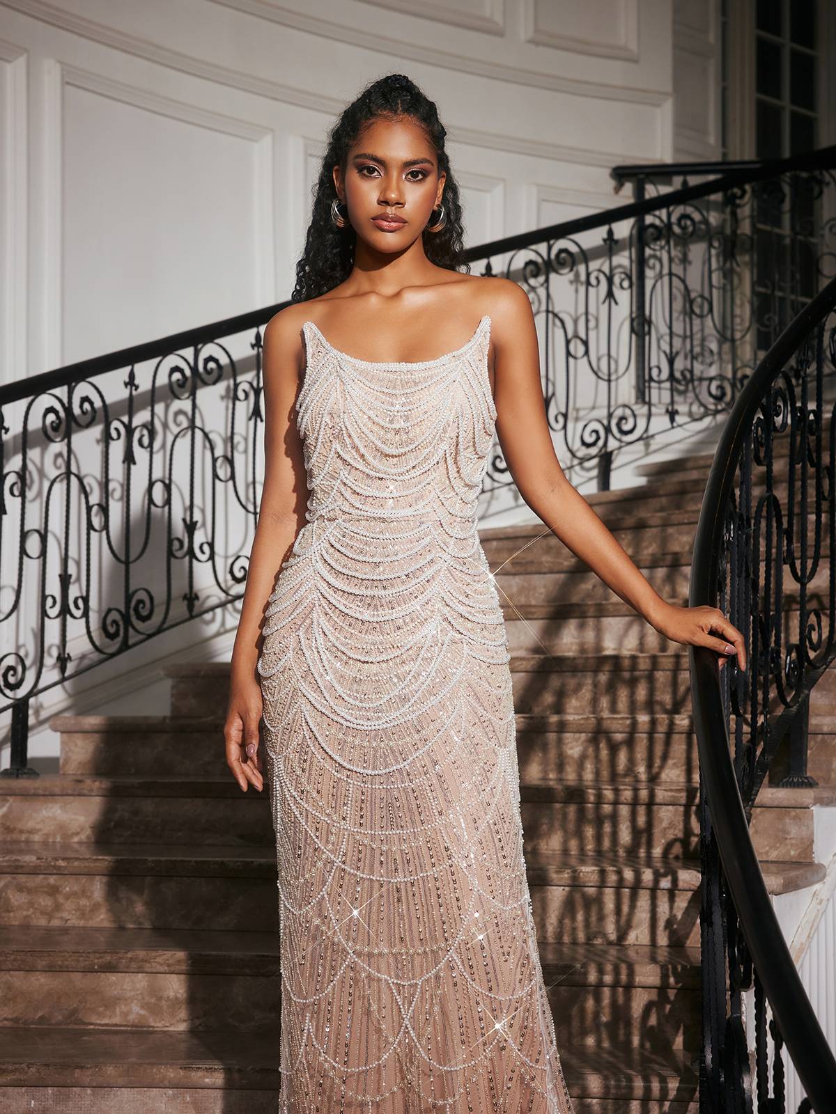 Strapless Pearl Embellished Maxi Dress