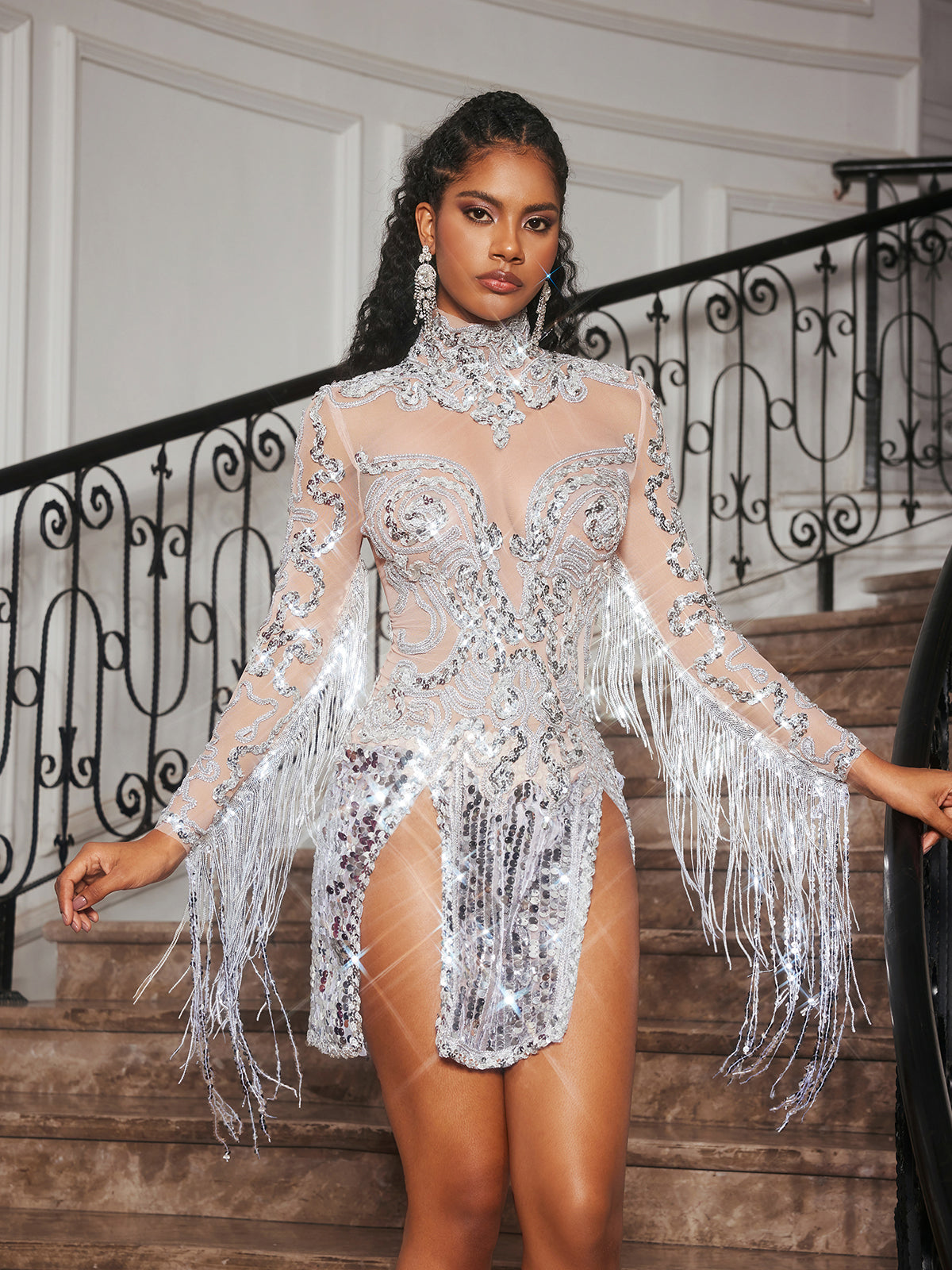 Embellished Fringe Split Mini Dress In Silver