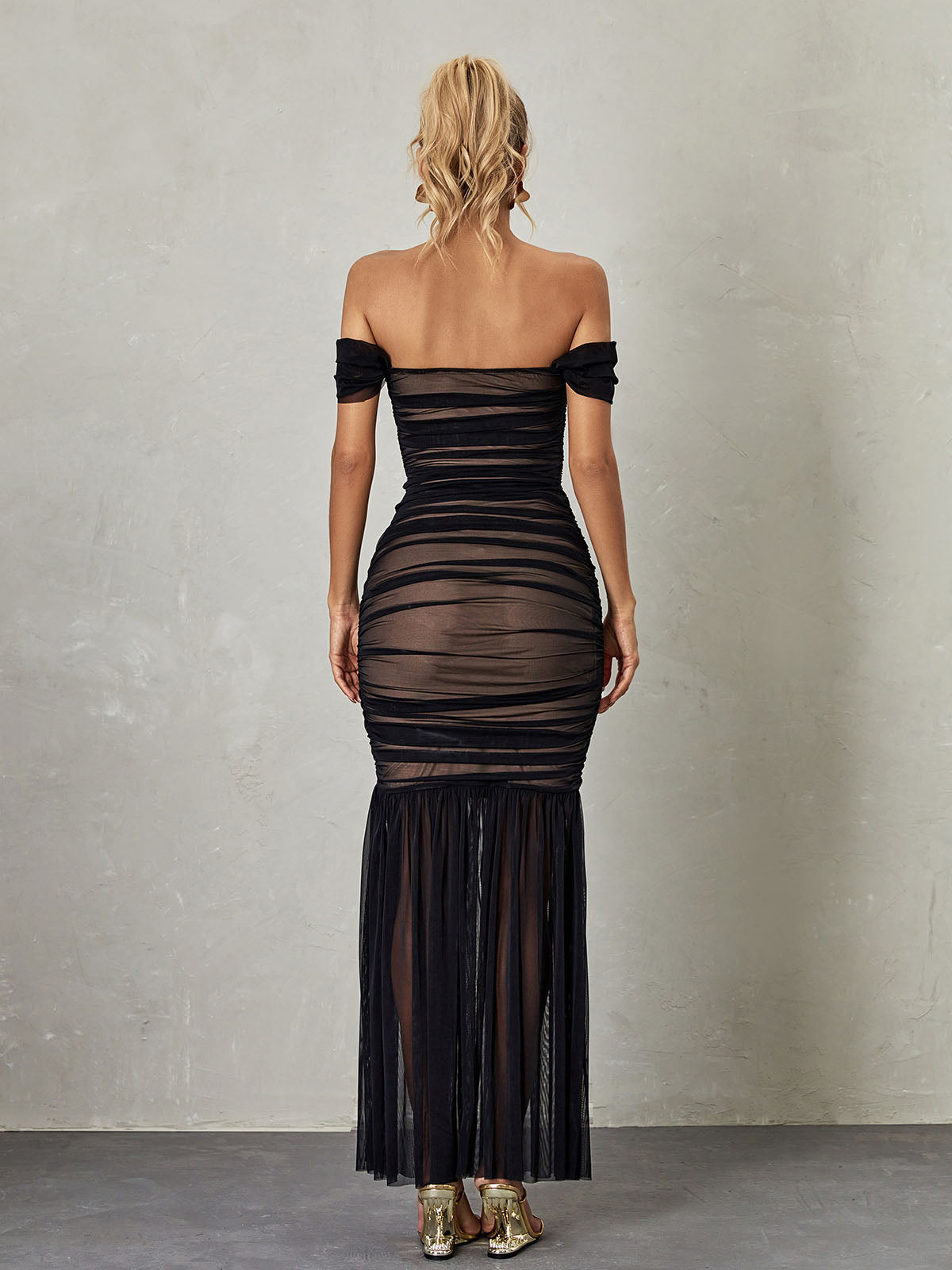 Off-Shoulder Mesh Ruched Mermaid Maxi Dress