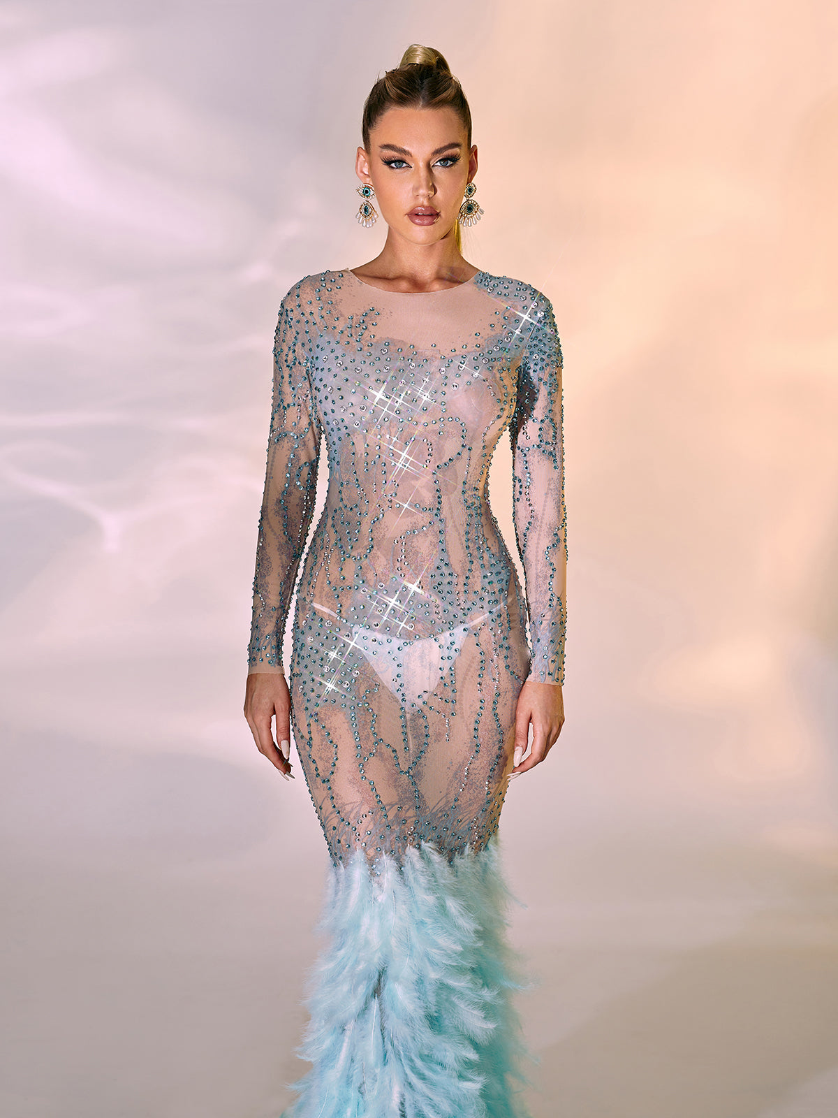Round Neck Long Sleeve Rhinestone Illusion Feather Mermaid Maxi Gown
