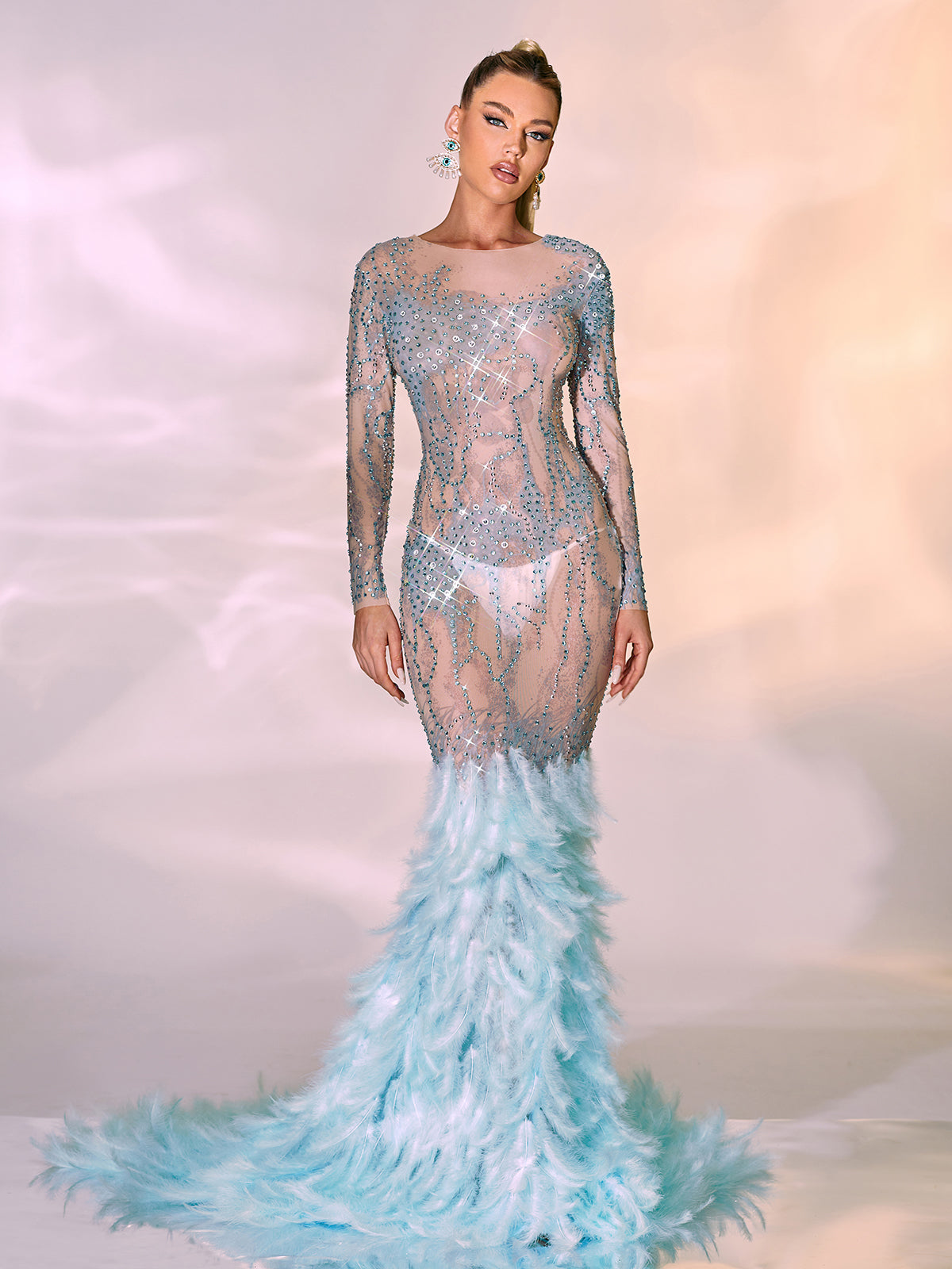 Round Neck Long Sleeve Rhinestone Illusion Feather Mermaid Maxi Gown