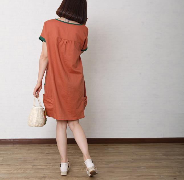 Brick red summer cotton dress short sleeve linen shift dress