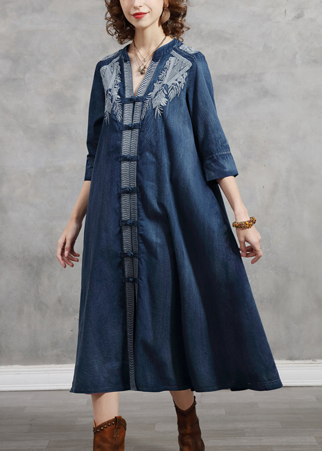 Brief Blue V Neck Print Cotton A Line Dress Half Sleeve