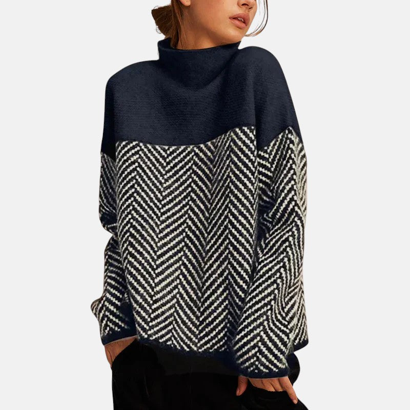 Turtleneck Herringbone Colorblock Long Sleeve Oversized Knit Sweater