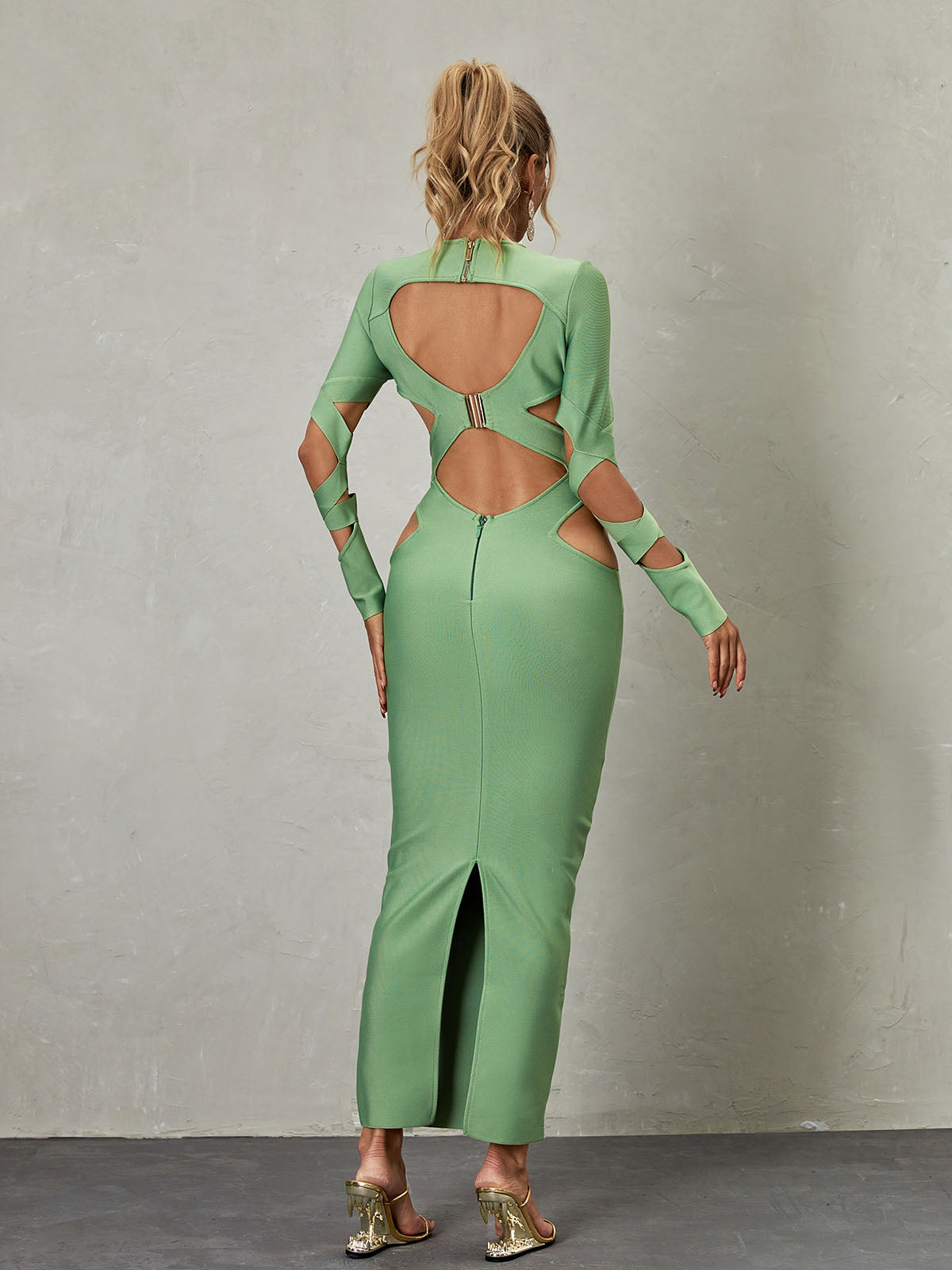 High Neck Long Sleeve Crisscross Cutout Bandage Bodycon Maxi Dress