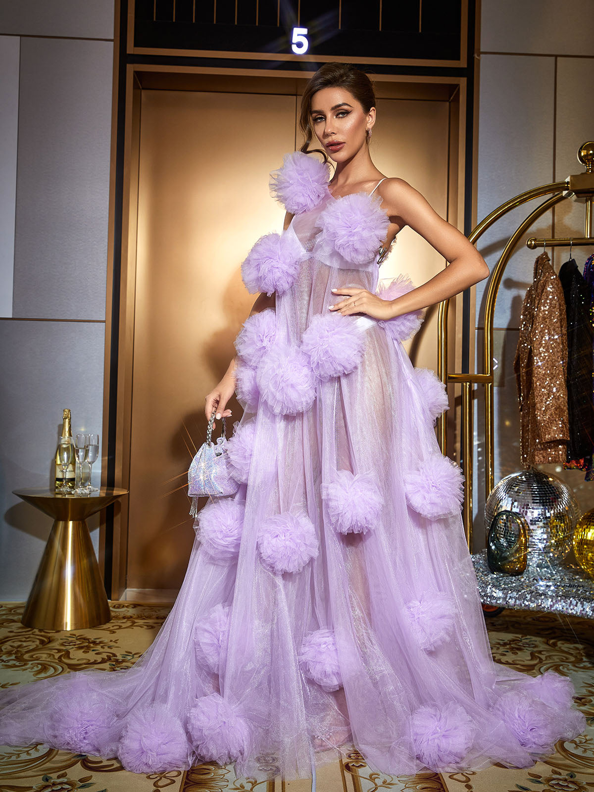 One Shoulder Tulle Pom Pom Rosette Sheer A-Line Maxi Gown