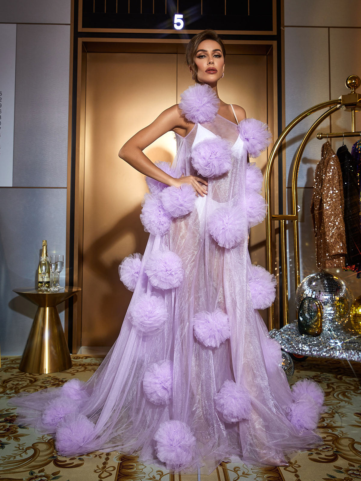 One Shoulder Tulle Pom Pom Rosette Sheer A-Line Maxi Gown