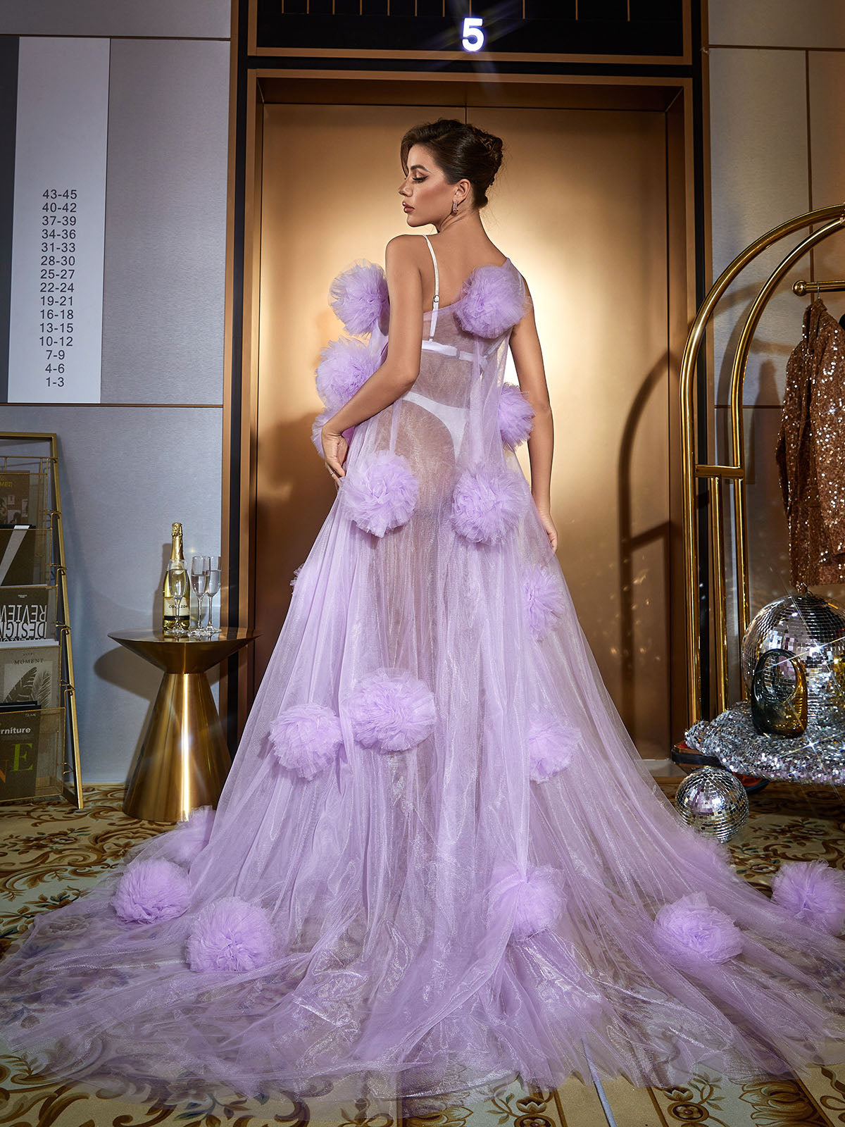 One Shoulder Tulle Pom Pom Rosette Sheer A-Line Maxi Gown