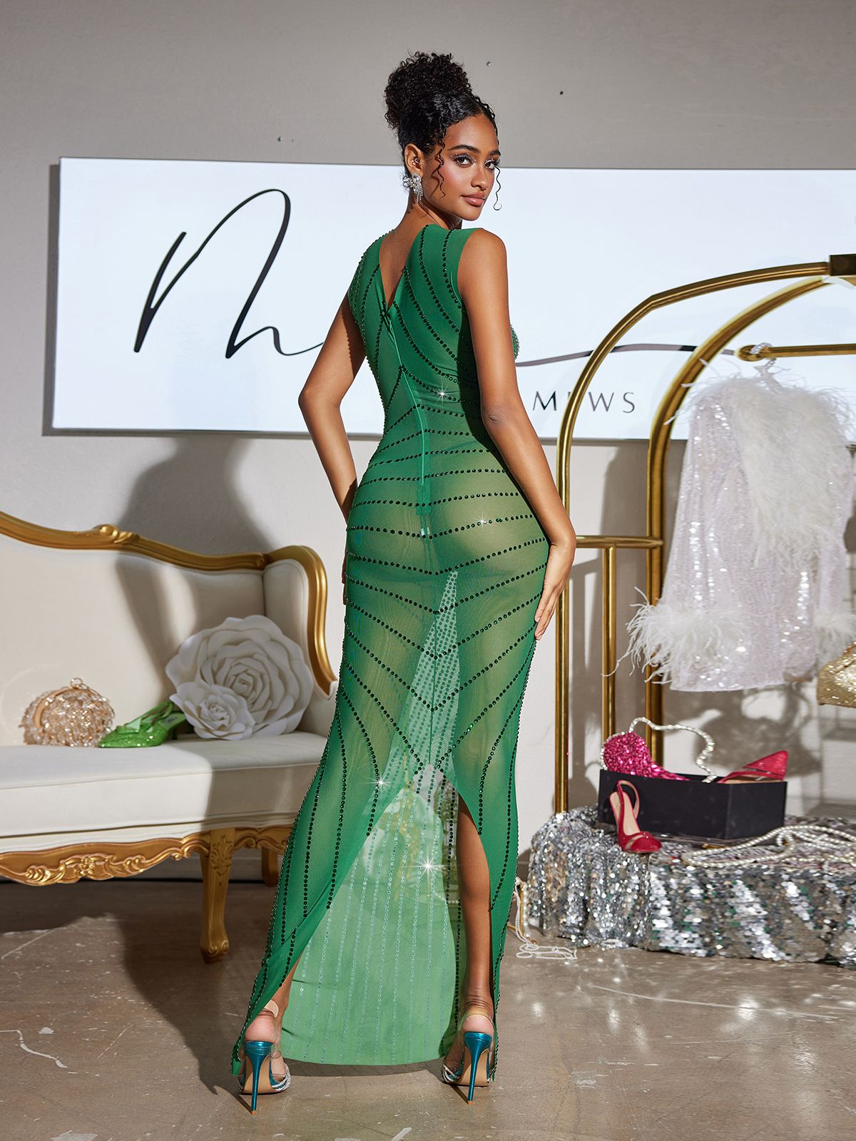 Printed Rhinestone Split Maxi Dress In Green
