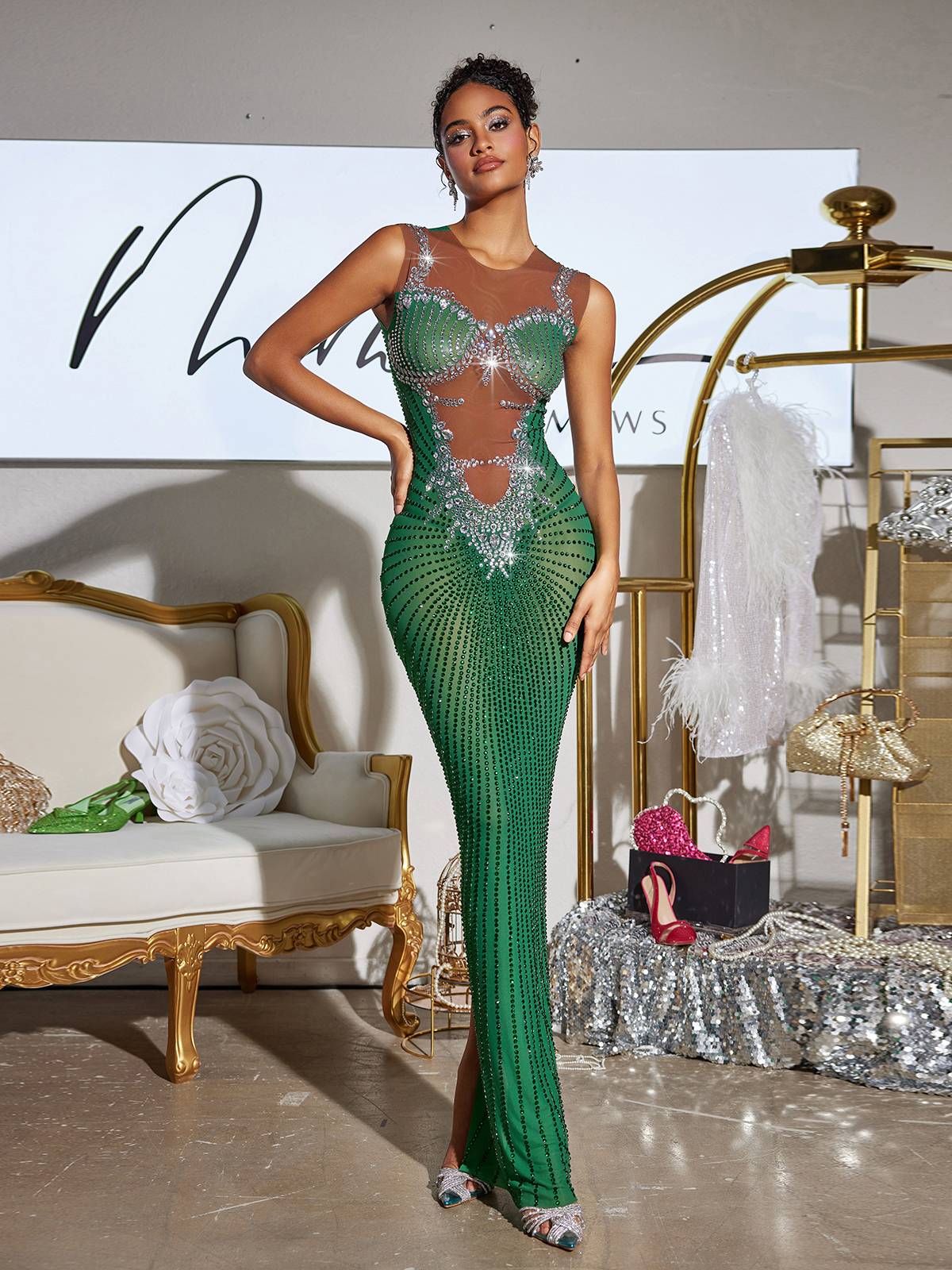 Printed Rhinestone Split Maxi Dress In Green