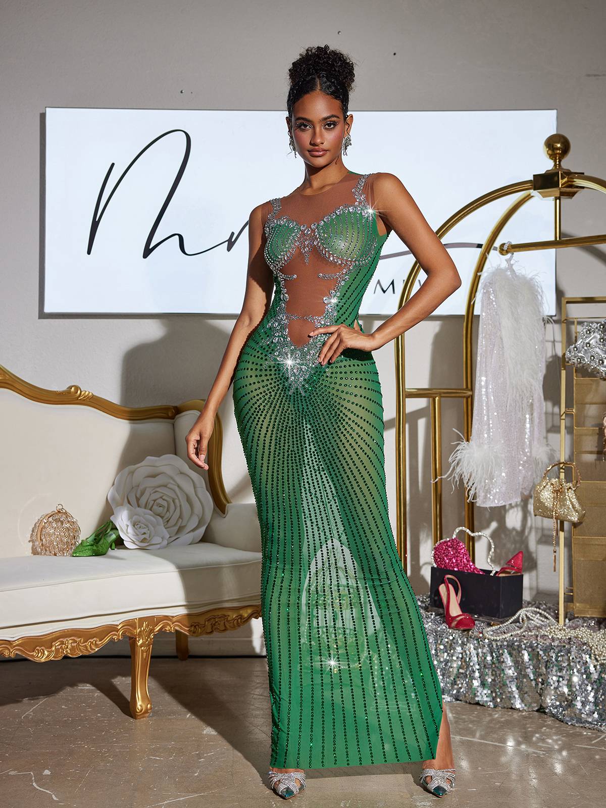 Printed Rhinestone Split Maxi Dress In Green