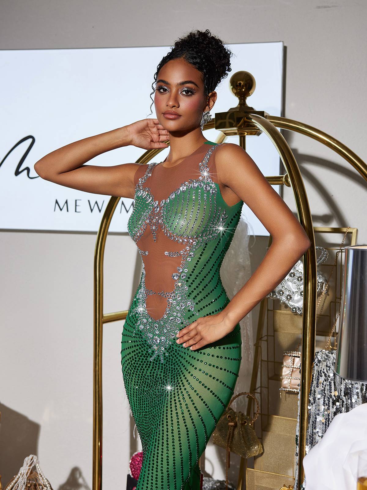 Printed Rhinestone Split Maxi Dress In Green