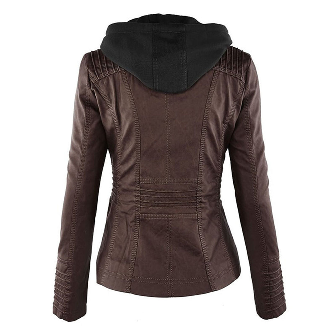 Hooded Zip Front Faux Leather Moto Biker Jacket