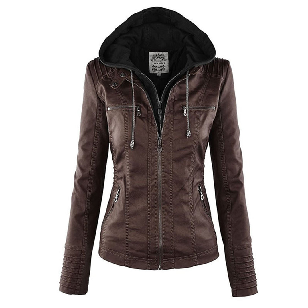 Hooded Zip Front Faux Leather Moto Biker Jacket