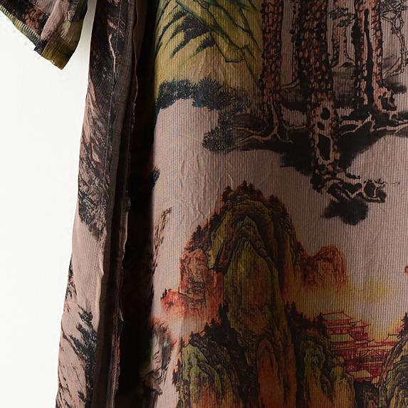 Brown flowy print chiffon dresses maxi dress long sleeve cotton lining