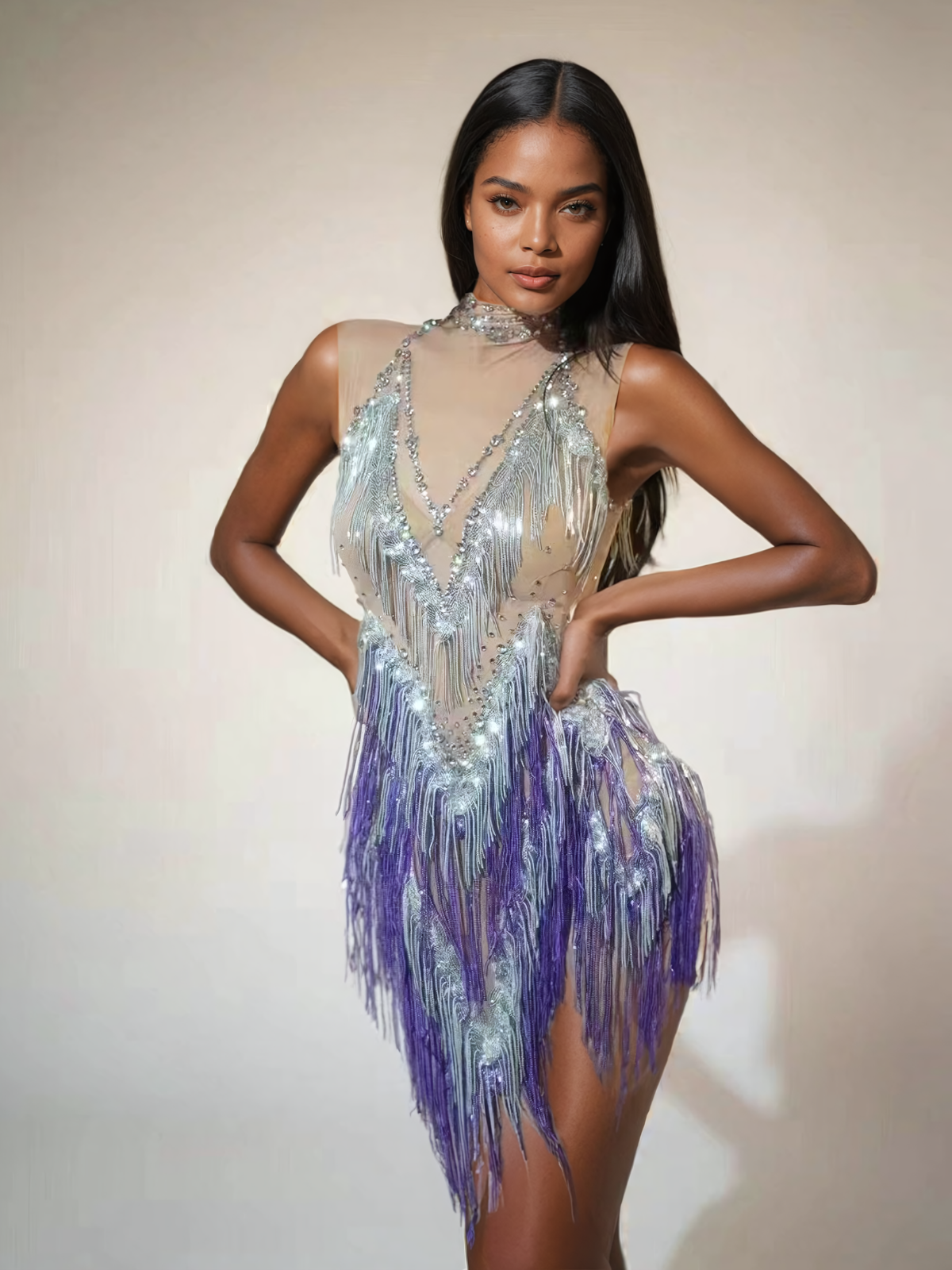 Rhinestone Fringe Mesh Mini Bodysuit In Purple