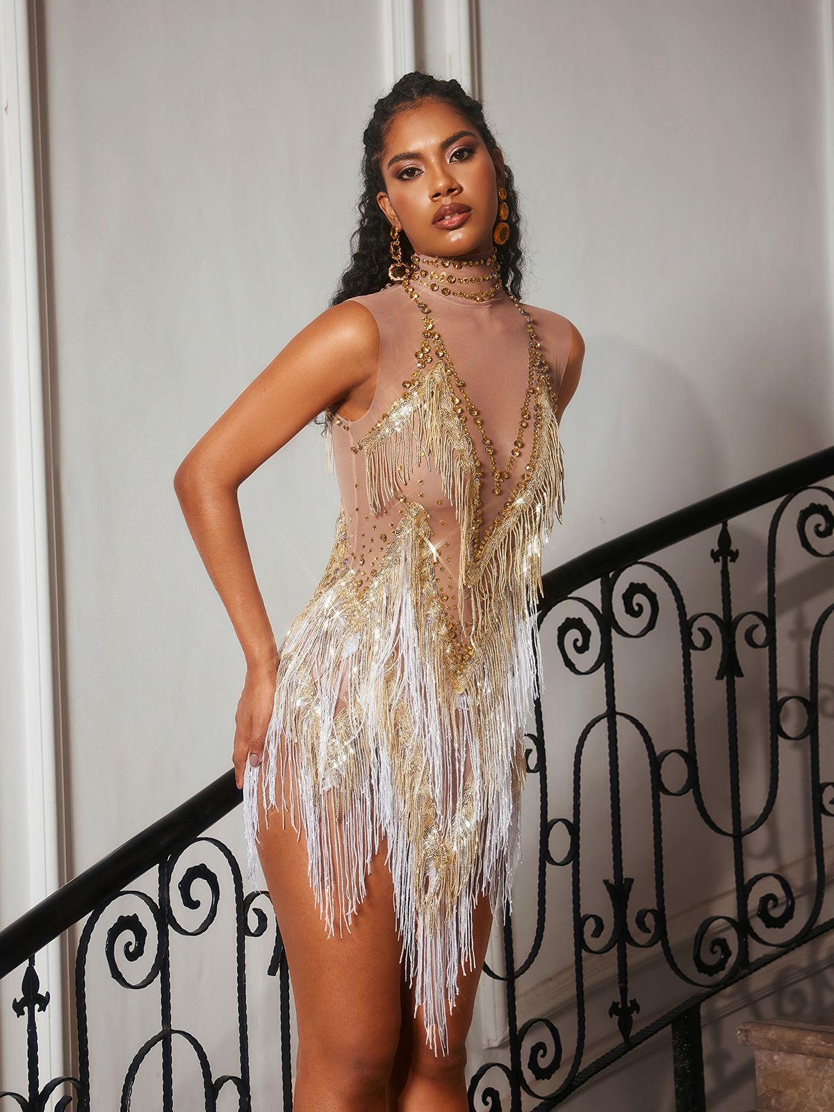 Rhinestone Fringe Mesh Mini Bodysuit In Gold