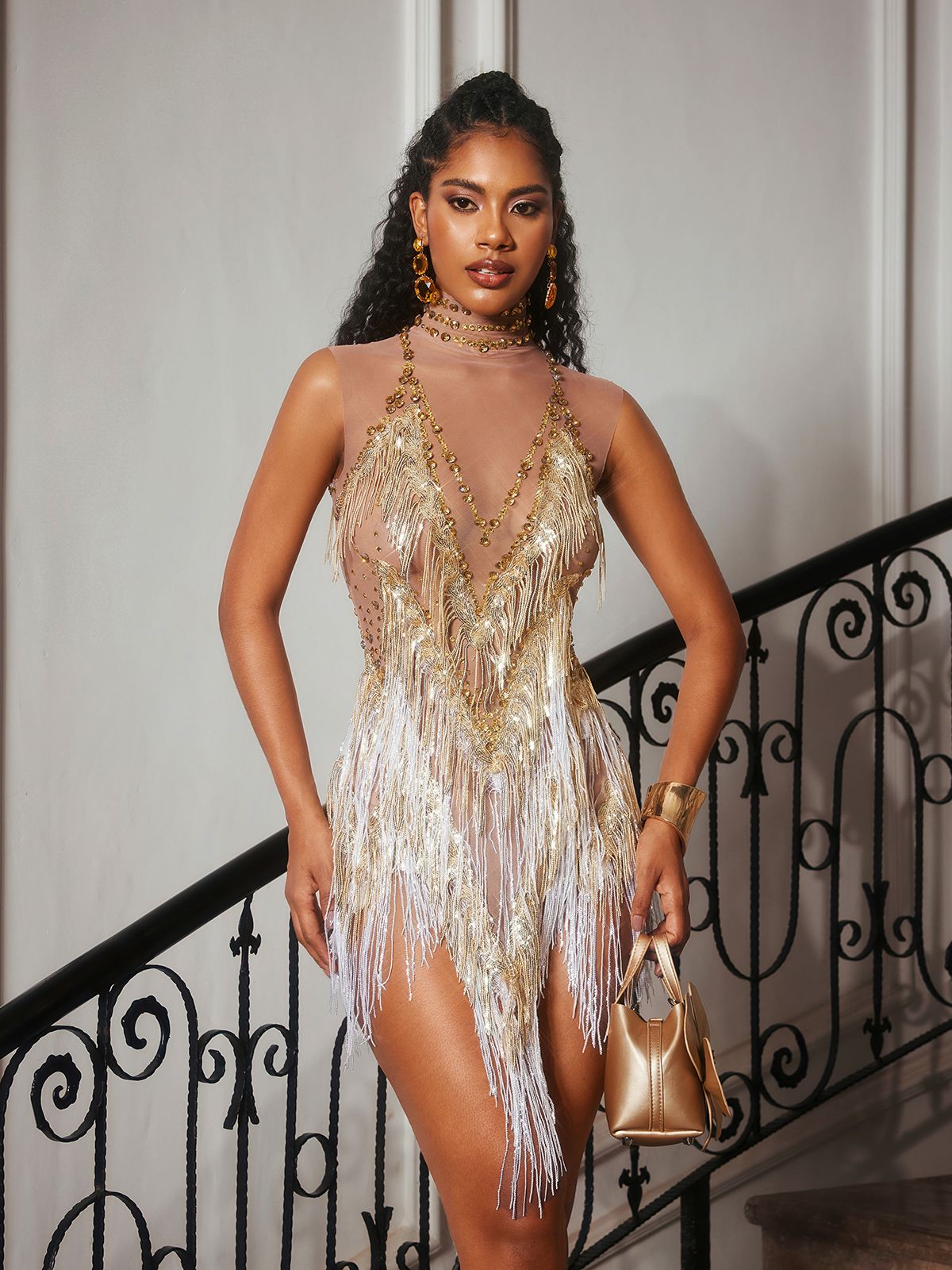Rhinestone Fringe Mesh Mini Bodysuit In Gold