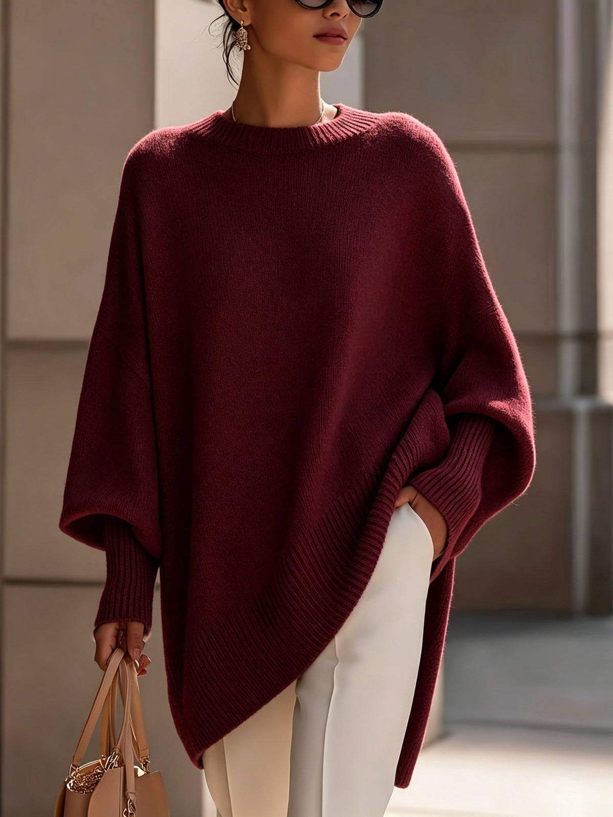 Mock Neck Drop Shoulder Asymmetric Hem Oversized Knit Sweater 7