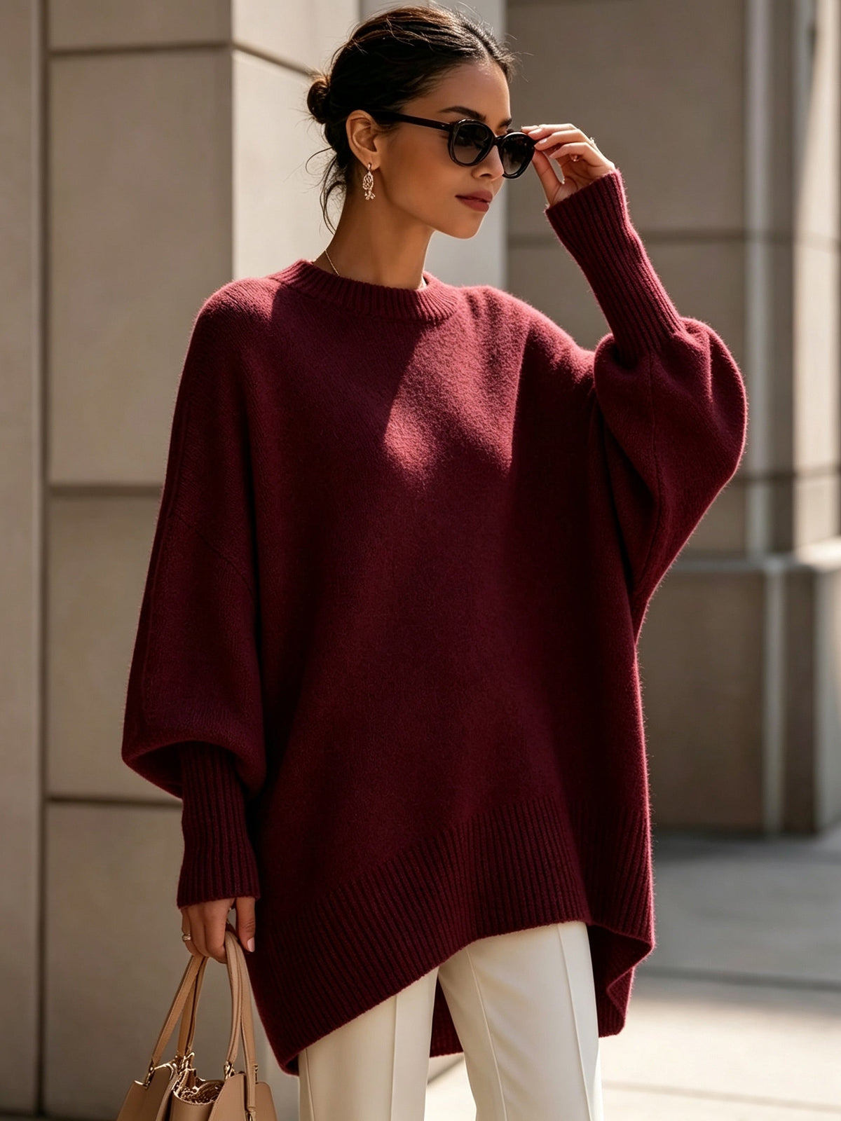 Mock Neck Drop Shoulder Asymmetric Hem Oversized Knit Sweater 6