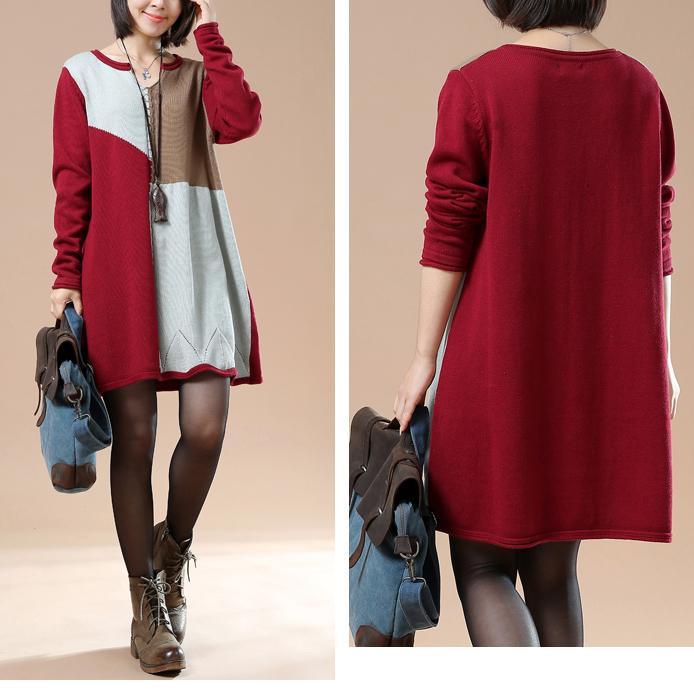Burgundy color blocks sweaters knit dress