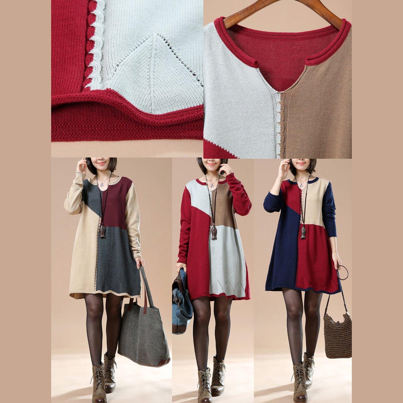 Burgundy color blocks sweaters knit dress