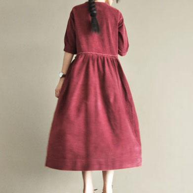 Burgundy corduroy casual maxi dress three quarter sleeve dress